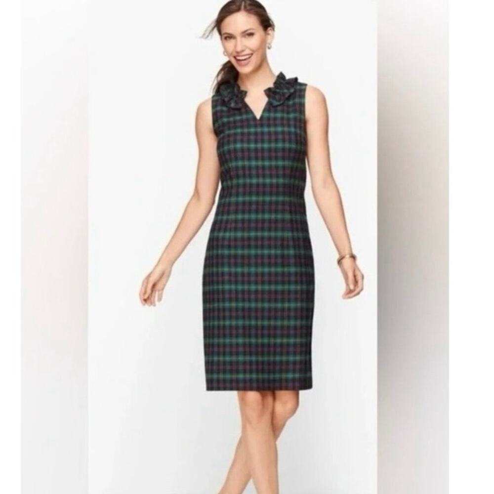 Talbots Green Tartan Plaid Shift Dress Split Neck Ruffle Size 16